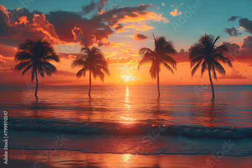A vibrant beach sunset  with palm trees silhouetted against the orange sky.