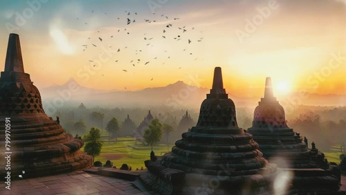 atmosphere at the top of Borobudur temple at sunset, smooth looping 4k video animation photo