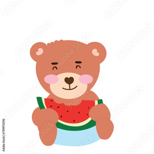 Fototapeta Naklejka Na Ścianę i Meble -  kawaii happy bear on summer season. swimming, eat watermelon, summer vacation