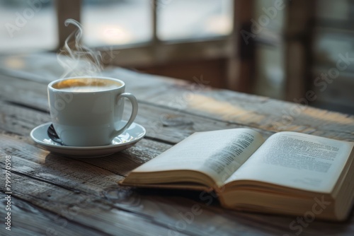 Rustic wooden table with an open book and a steaming cup of coffee