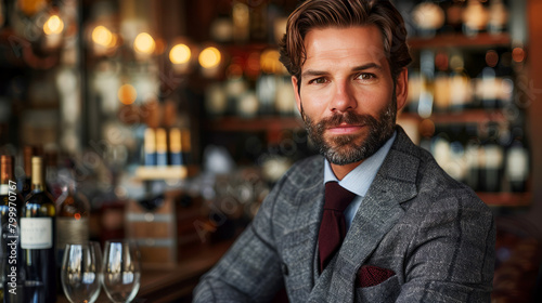Confident European sommelier in a classic wine cellar  evaluating fine wine selection