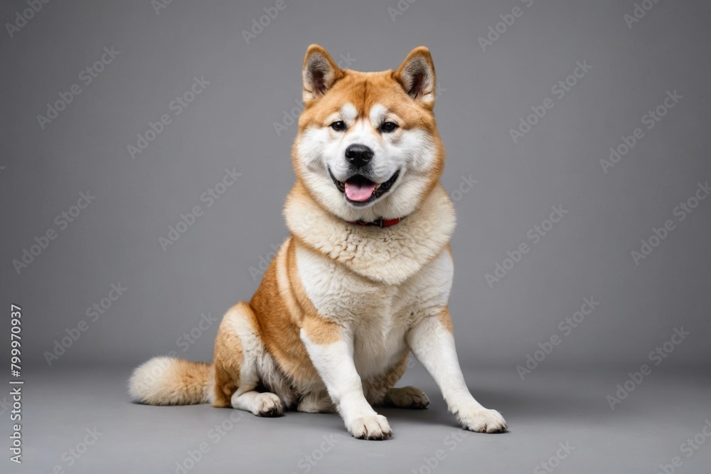 sit Akita dog with open mouth looking at camera, copy space. Studio shot.