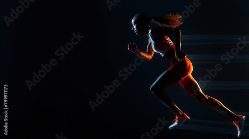 Athletic woman sprinter wearing in the sportswear running on black background , Fitness and sport motivation. Runner concept. © Oulaphone