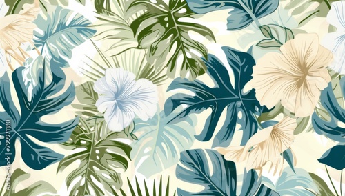 abstract botanical pattern with leaves in teal, beige and brown colors