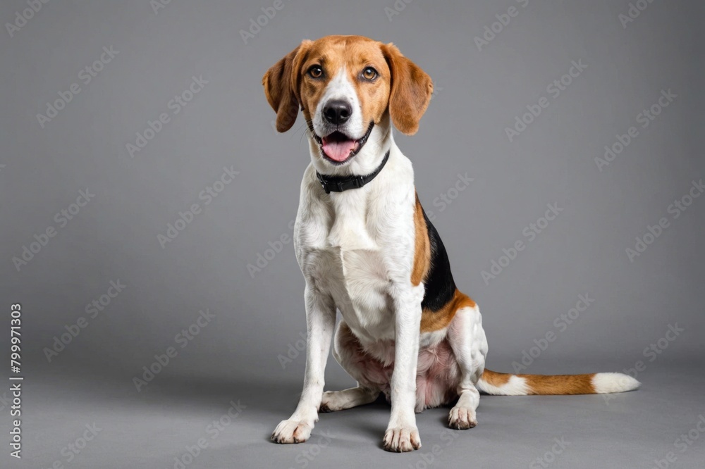 sit American Foxhound dog with open mouth looking at camera, copy space. Studio shot.