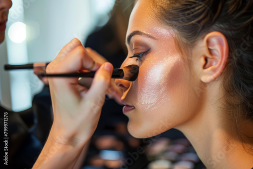 Makeup artist skillfully applying highlighter to model's cheekbones under bright studio lights photo