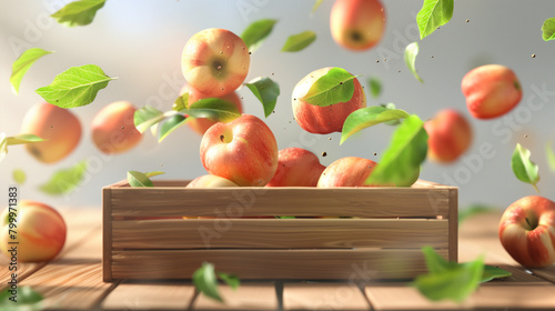 Minimal stylized cartoon brown wooden box with fresh ripe apple, green leaves floating in air. Autumn harvest at the farm. Healthy fruit snacks for nutrition, vitamins. 3d render isolated
