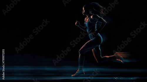 Athletic woman sprinter wearing in the sportswear running on black background , Fitness and sport motivation. Runner concept. © Oulaphone