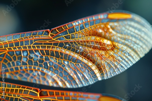 Extreme close-up of a dragonfly's wing, high-magnification with intricate structures