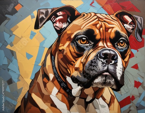 Brown tabby Boxer painting with multi-colored background featuring abstract geometric shapes with yellow blue and red colors