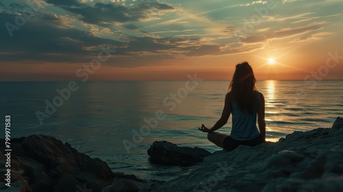 Yoga woman sitting on sea coast at sunset © bejo