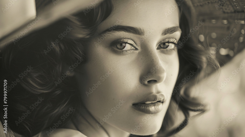 Beautiful woman portrait in retro style . Old photo. 