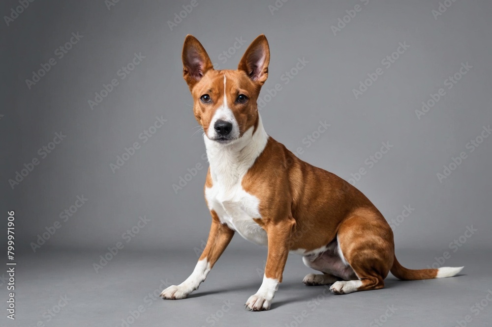 sit Basenji dog with open mouth looking at camera, copy space. Studio shot.