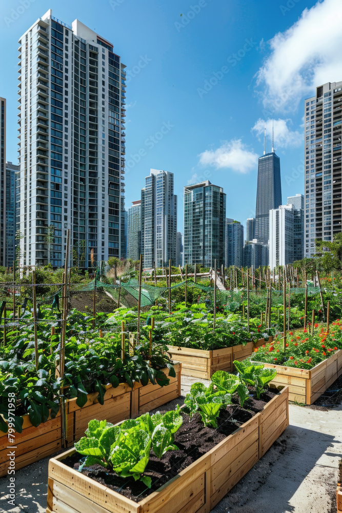 Fototapeta premium A large garden bursting with various plants growing vigorously under the sun, creating a colorful and lively scene