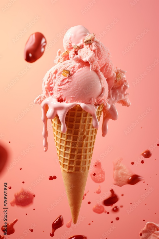 Tasty strawberry ice cream in a waffle cone on a peach background. Tasty strawberry ice cream in a waffle cone on a peach background.