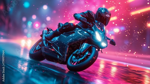 A motorcyclist rides fast in neon lights.