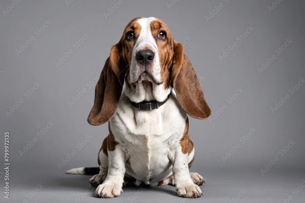 sit Basset Hound dog with open mouth looking at camera, copy space. Studio shot.