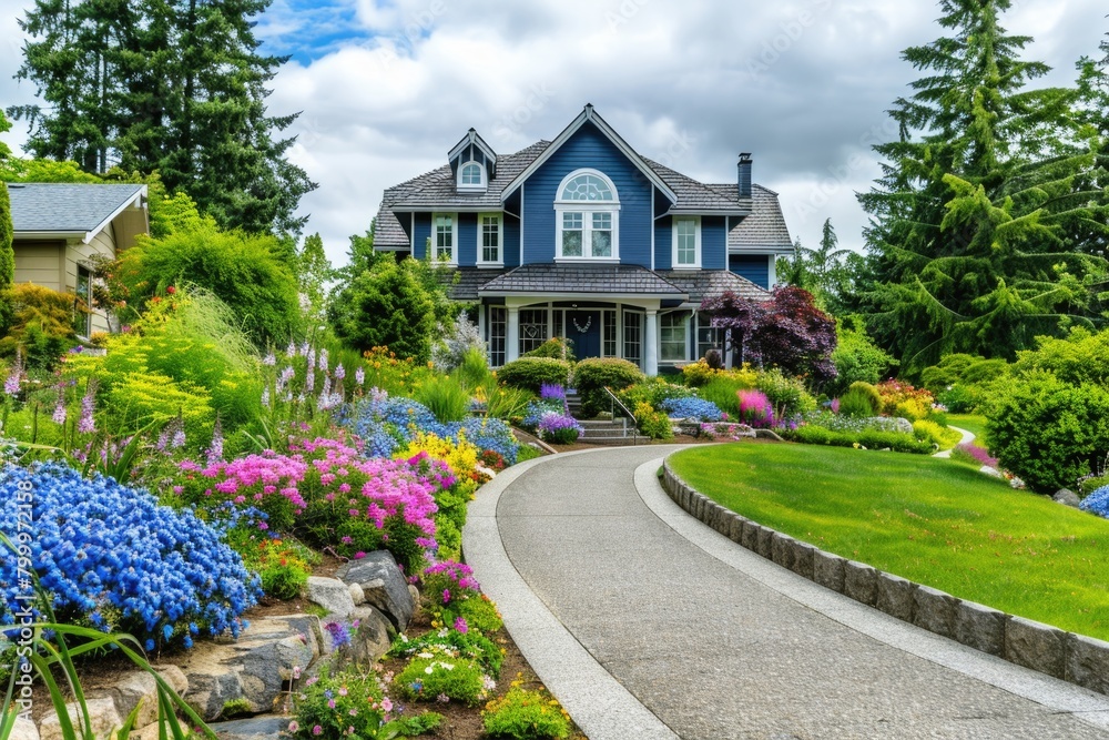 American Home Landscape with Vibrant Flowers and Beautiful Architecture