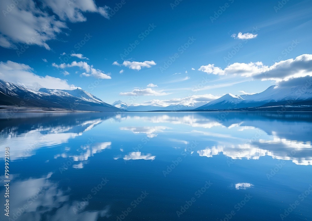 Serene Mountain Lake Landscape with Snow-Capped Peaks and Blue Sky Reflection