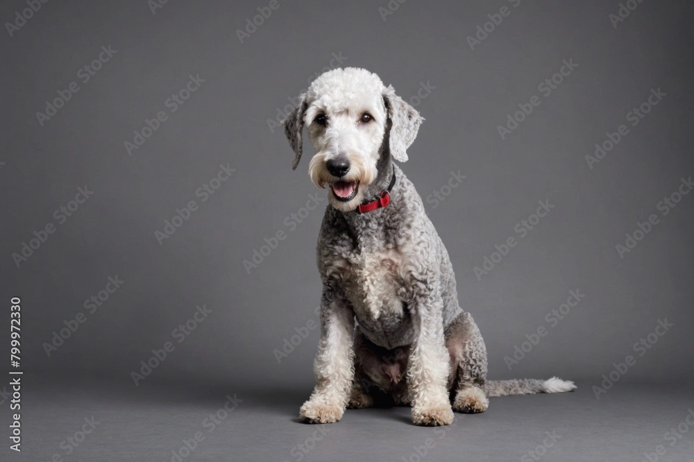 sit Bedlington Terrier dog with open mouth looking at camera, copy space. Studio shot. sit Bedlington Terrier dog with open mouth looking at camera, copy space. Studio shot.