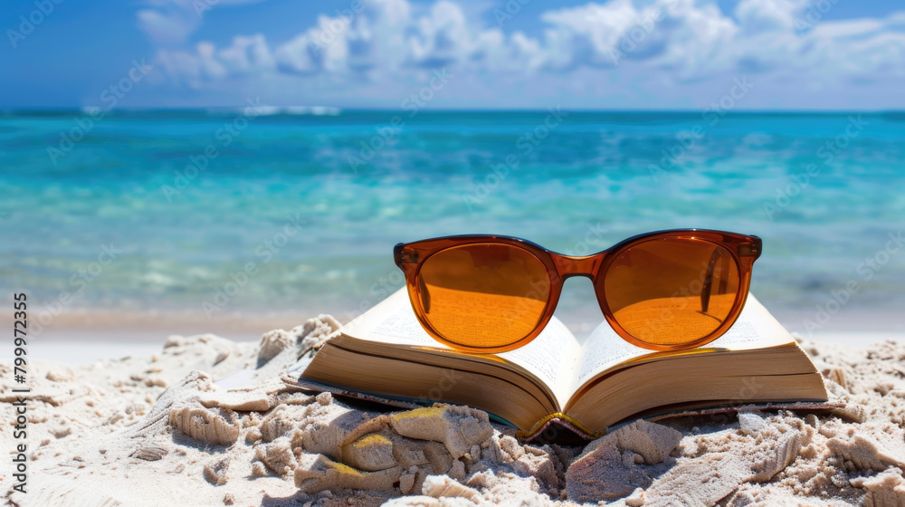 An open book with sunglasses resting on its pages, placed on a sandy ...