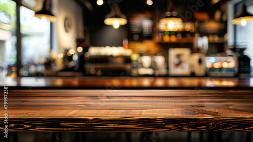 Empty wooden table with a defocused coffee shop interior background  creating an inviting urban dining atmosphere.
