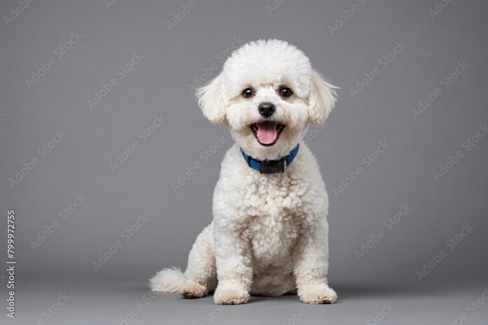 sit Bichon Frise dog with open mouth looking at camera, copy space. Studio shot. sit Bichon Frise dog with open mouth looking at camera, copy space. Studio shot.