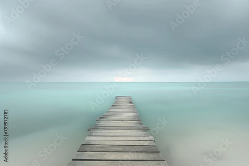 An empty wooden beach pier leading into turquoise water of the maldives Island to the sunlit skyline