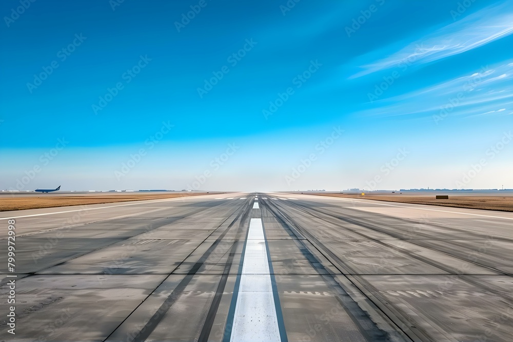Fototapeta premium Empty runway with blue sky backdrop ideal for aviation travel concepts. Concept Aviation, Travel, Runway, Blue Sky, Concept