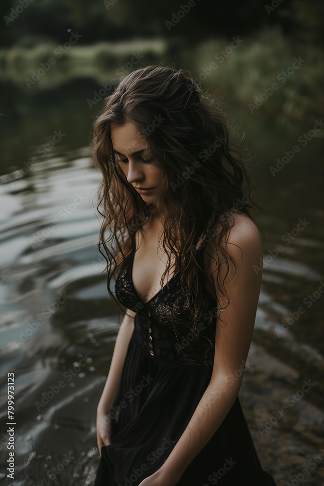  woman in a black silk dress, standing on the river bank with her back to the camera, looking down at the water and touching it with one hand, wet hair, wet skin, dark mood, natural light