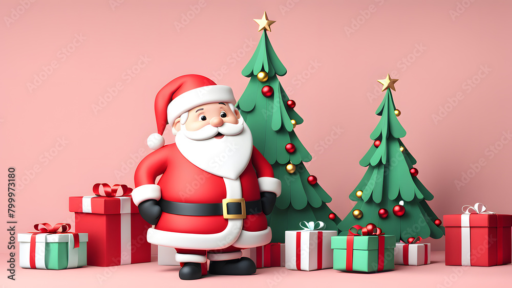 A cartoonish Santa Claus stands in front of a Christmas tree and presents A cartoonish Santa Claus stands in front of a Christmas tree and presents