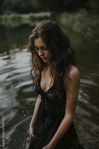  woman in a black silk dress, standing on the river bank with her back to the camera, looking down at the water and touching it with one hand, wet hair, wet skin, dark mood, natural light