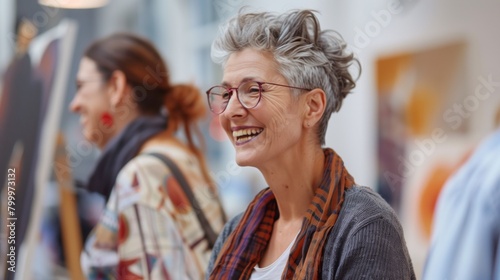 Happy senior woman with stylish short gray hair and glasses smiling in an art gallery  blur in the background.