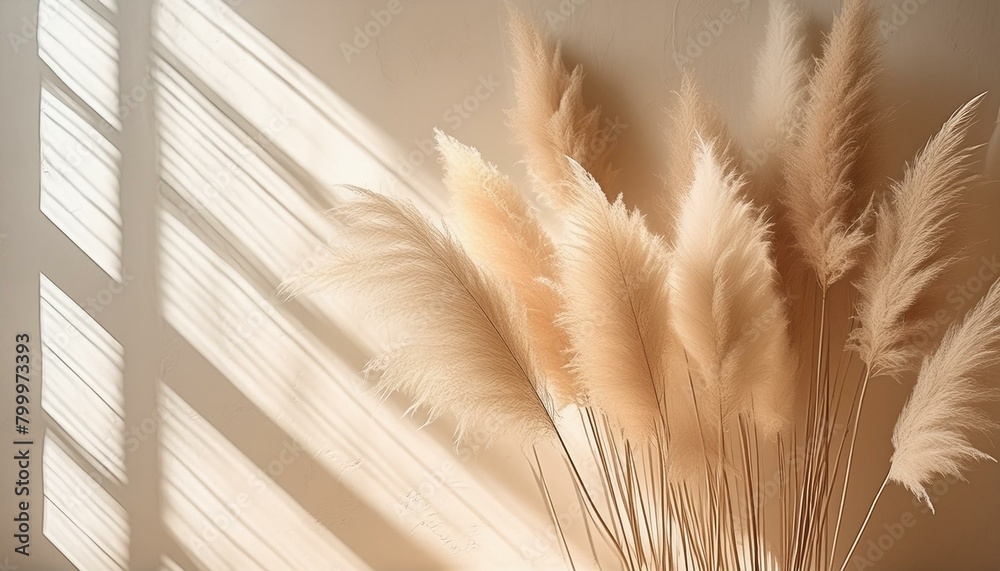 Beautiful shades of neutral pampas grass and reeds makes for an aesthetic background with sunlight casting shadows on the wall giving off Parisian Beautiful shades of neutral pampas grass and reeds makes for an aesthetic background with sunlight casting shadows on the wall giving off Parisian