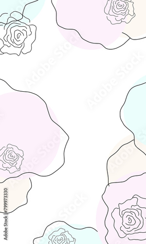 Abstract card with lines colored circles flowers rose on geometric white background, design greetings card, holiday colourful floral pattern, for frame, invitation card, birthday, for congratulations 