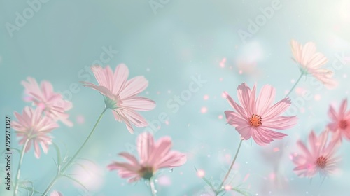 light blue background with pink daisies  pastel color theme  copy space concept