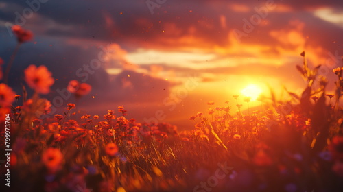 Sun sets over a field of wildflowers  casting a warm glow on the blooming flora