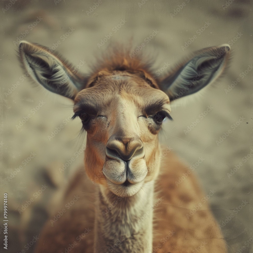 Obraz premium Close-up Portrait of a Cute Smiling Llama with Big Ears and Furry Coat