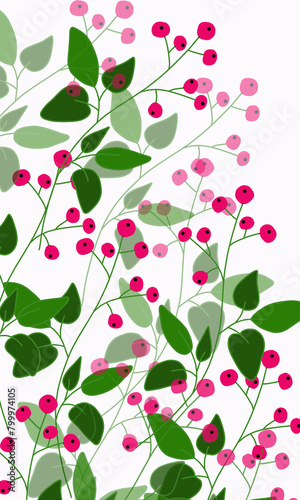 Spring nice postcard with bouquet red berries green branches on a white background, colored design floral pattern, frame, holiday postcard for invitations, greetings card for birthday, congratulations