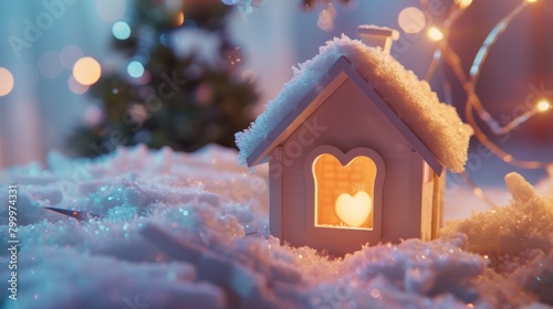 A miniature house glowing with warmth amidst a snowy scene, evoking the cozy holiday spirit.