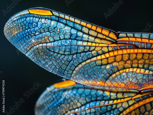 High-magnification view of a dragonfly's wing, intricate patterns, macro photography