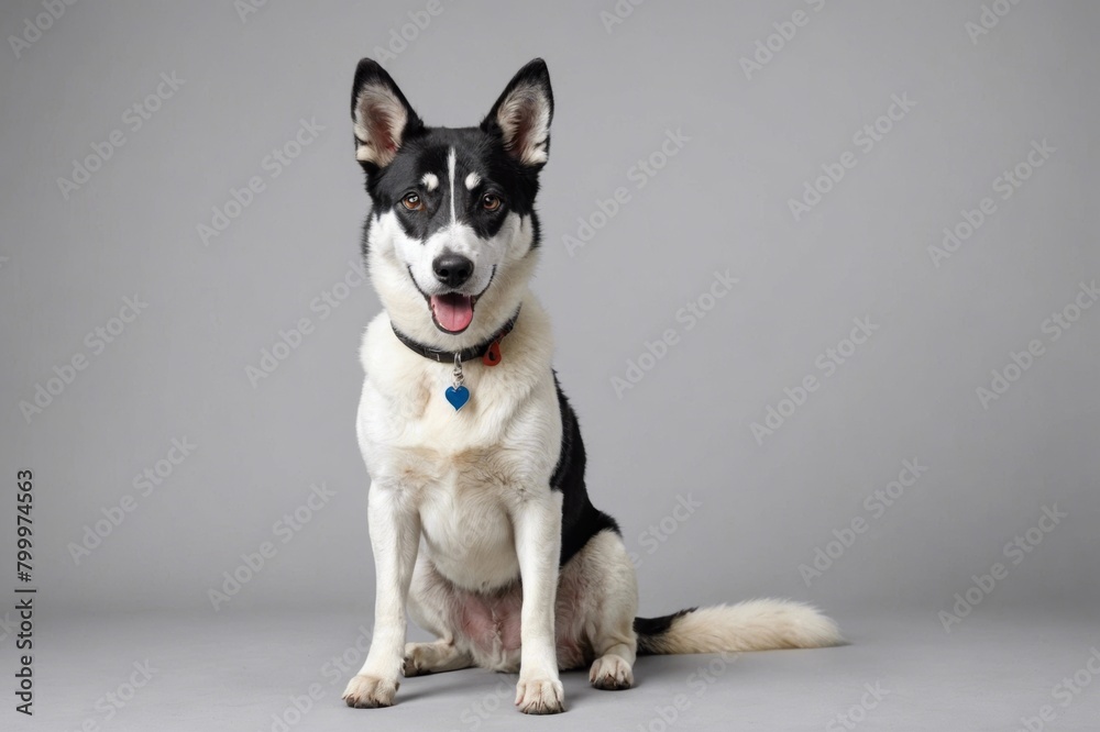 sit Canaan Dog dog with open mouth looking at camera, copy space. Studio shot.