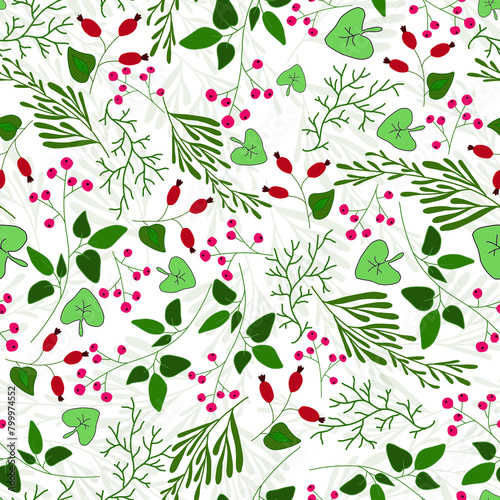Floral seamless pattern with red berries, green leaves and branches, spring nice background, holiday coloured postcard, print for fabric, for wallpaper, for wrapping, nature design