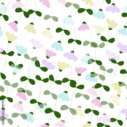 Seamless pattern with colourful flowers, green leaves, spring background, floral illustration, holiday postcard, print for fabric, for wallpaper, for wrapping, congratulations 