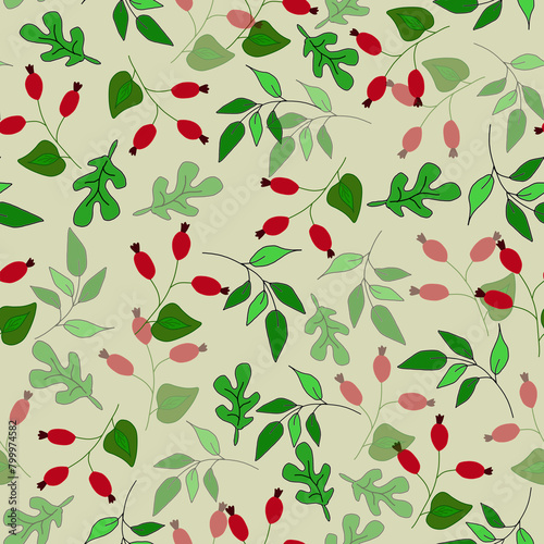 Floral seamless pattern with red berries, green leaves and branches, spring nice background, holiday coloured postcard, print for fabric, for wallpaper, for wrapping, nature design