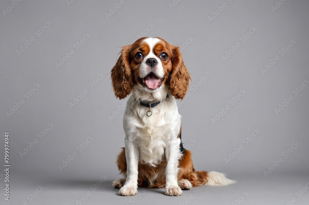 sit Cavalier King Charles Spaniel dog with open mouth looking at camera, copy space. Studio shot.