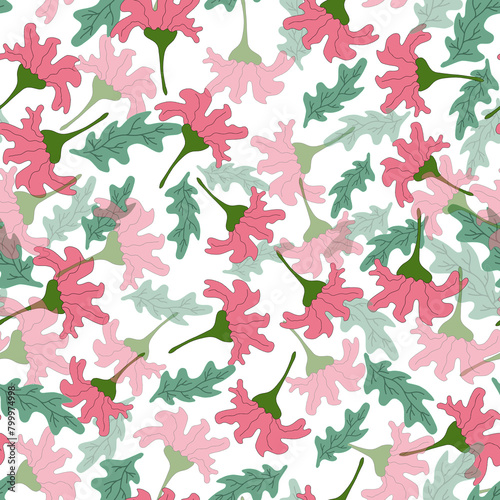 Seamless pattern with red flowers turquoise leaves and branches, floral background, holiday coloured postcard, print for fabric, for wallpaper, for wrapping, spring design illustration 