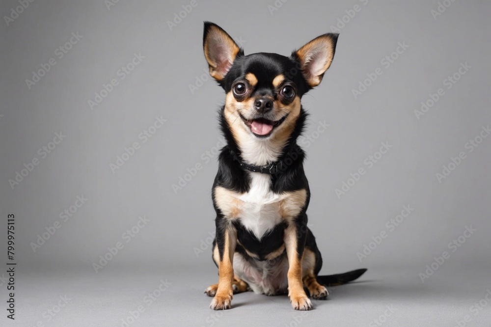 sit Chihuahua dog with open mouth looking at camera, copy space. Studio shot.