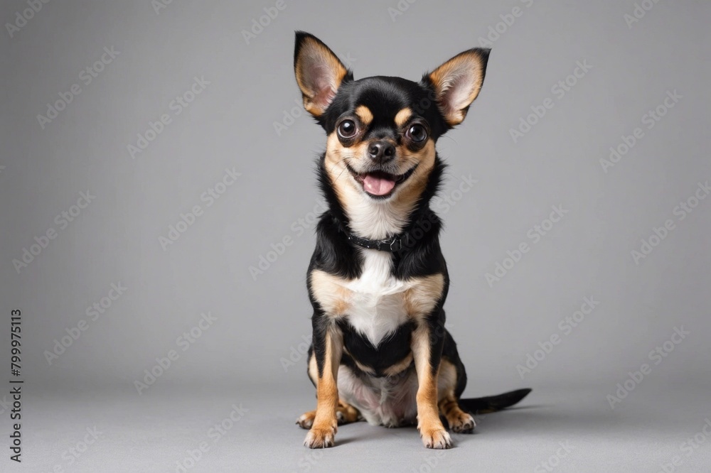 sit Chihuahua dog with open mouth looking at camera, copy space. Studio shot. sit Chihuahua dog with open mouth looking at camera, copy space. Studio shot.