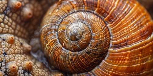 Zoomed-in view of a snail's shell, high-magnification with intricate structures